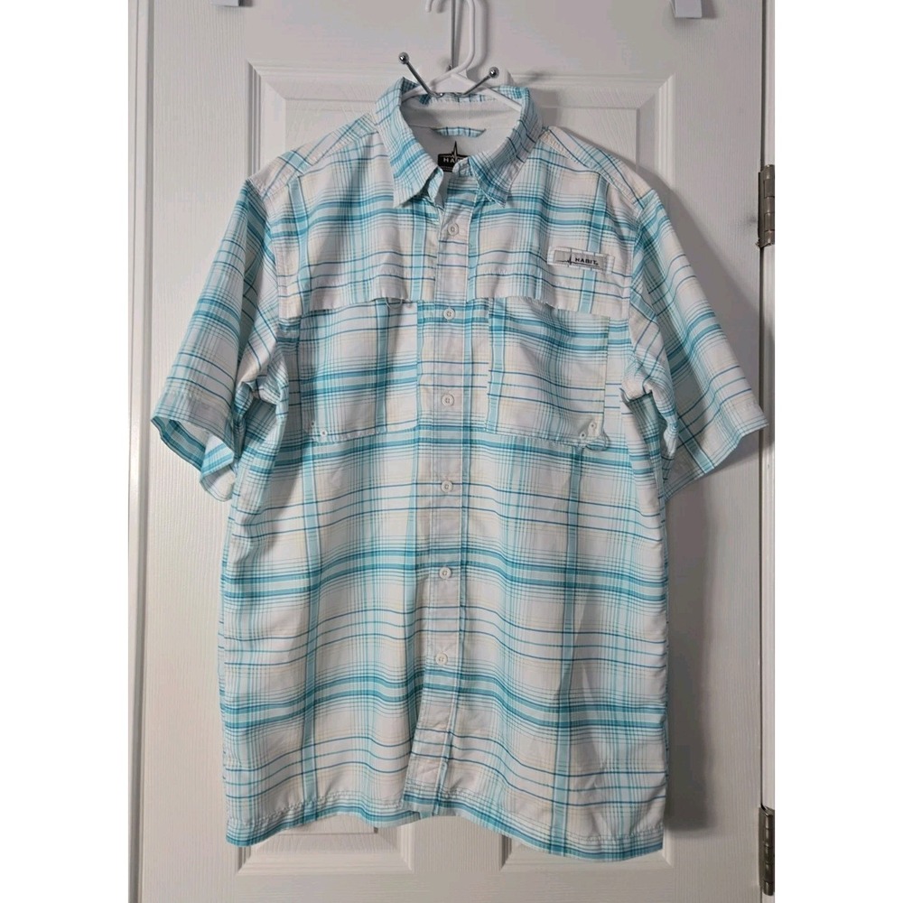 Habit Mens Medium Short Sleeve Fishing/Hiking Shirt Ventilated Blue/White Plaid